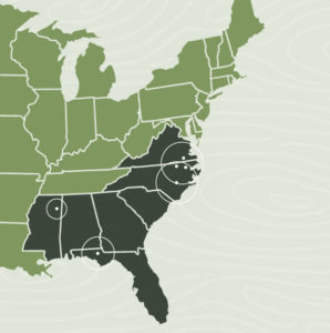 A map of Enviva’s operating mills with outlines of each facility’s primary wood supply area.